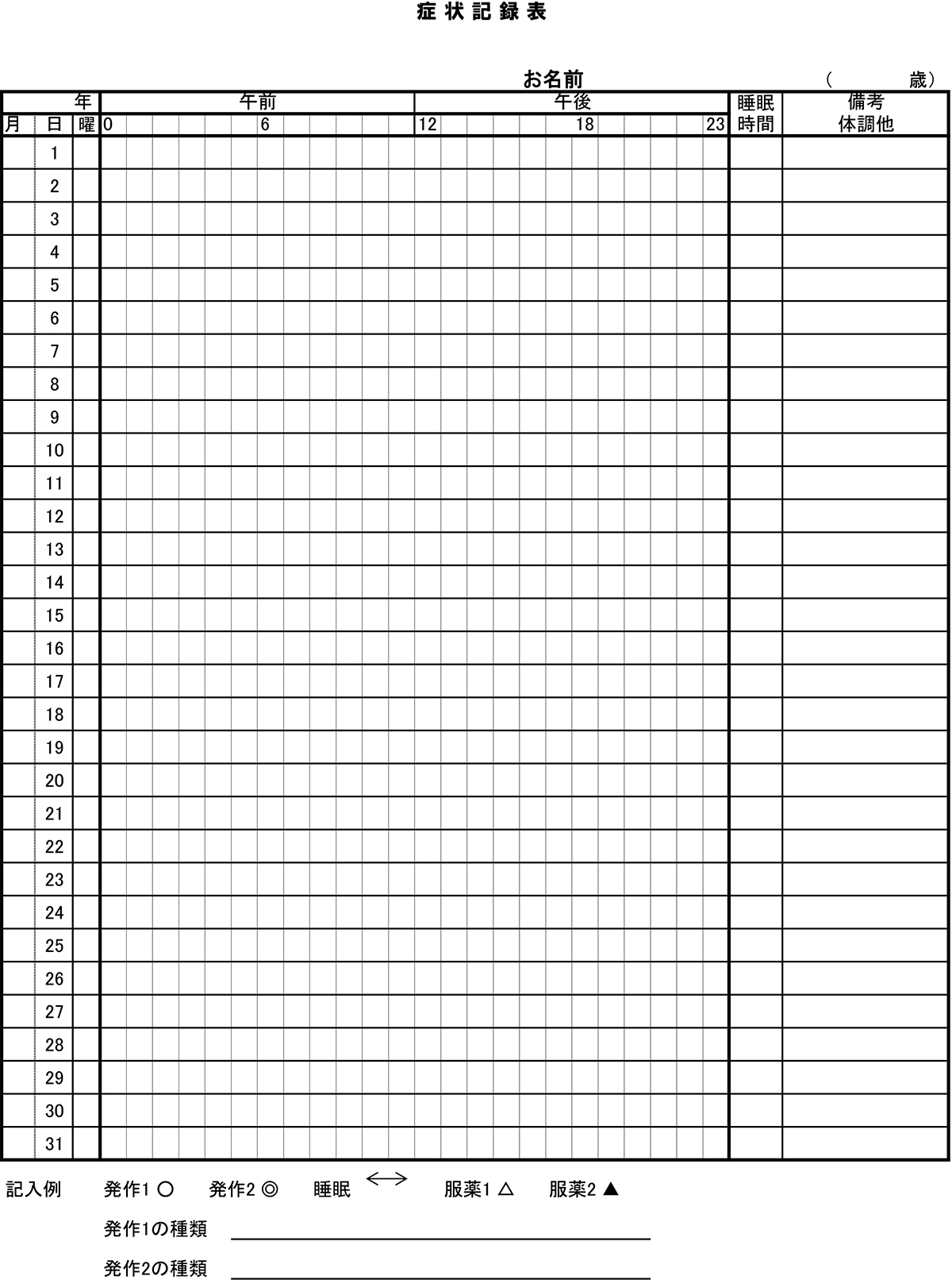 症状記録表ダウンロード